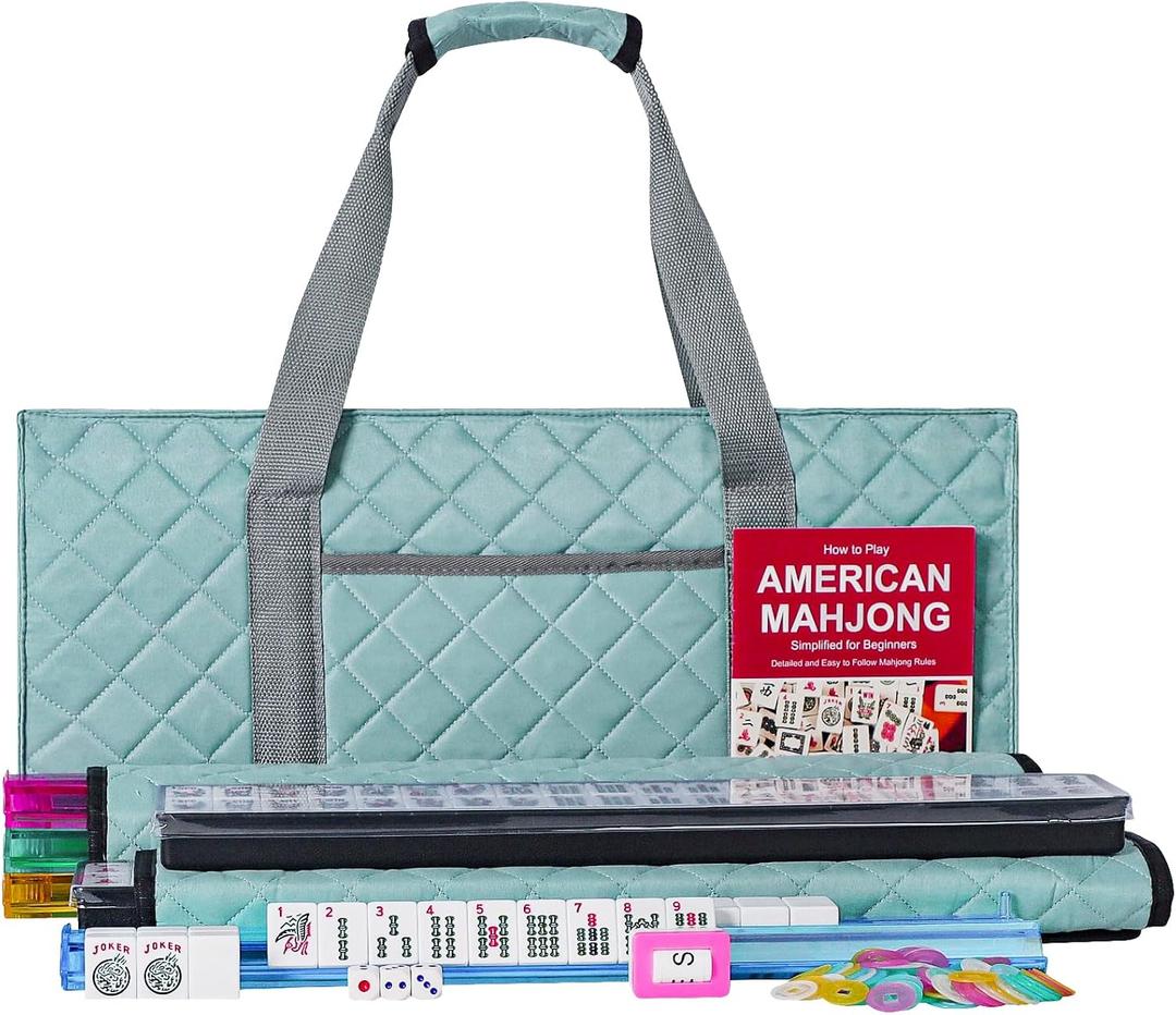 ZGME American Mahjong Set,166 White Tiles with Blue Rectangular Bag and Accessories,4 All-in-One Mahjong Racks with Pushers,Complete Western Mahjong Set, 1.2" 0.9" 0.5"