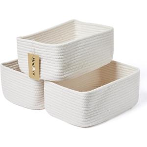 MiniArk Small Storage Baskets for Organizing | Closet Organizer Bins | Shelf Toy Basket | Woven Rope Baskets | Cube Decorative Box | Shallow Basket | 11.5x7.5x4.7” | 3 Packs Off White