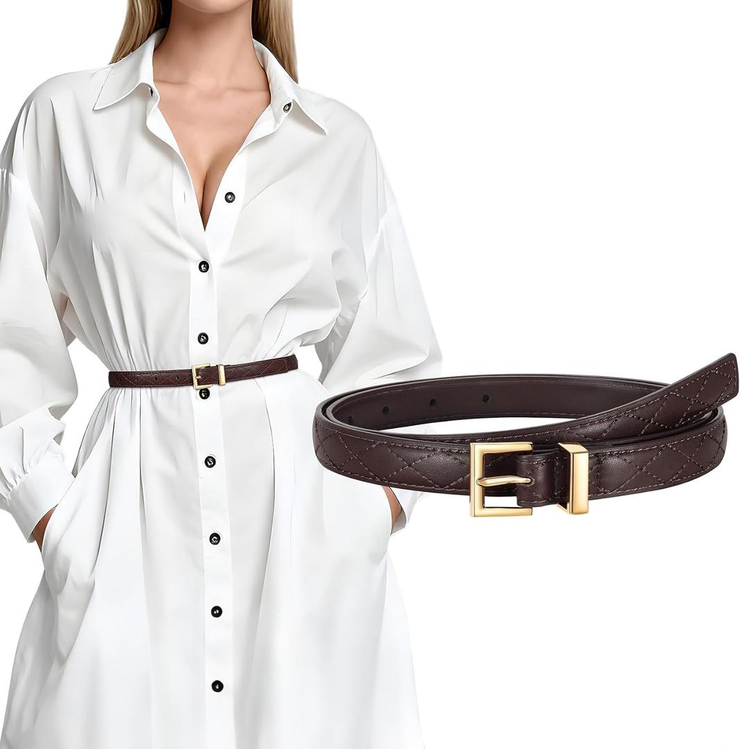XZQTIVE 0.7" Width Skinny Leather Belt, Embroidered Thin Wasit Belt with Gold Buckle for Jeans Pants Dresses (Small: fits waist from 26"-31", Dark Brown)
