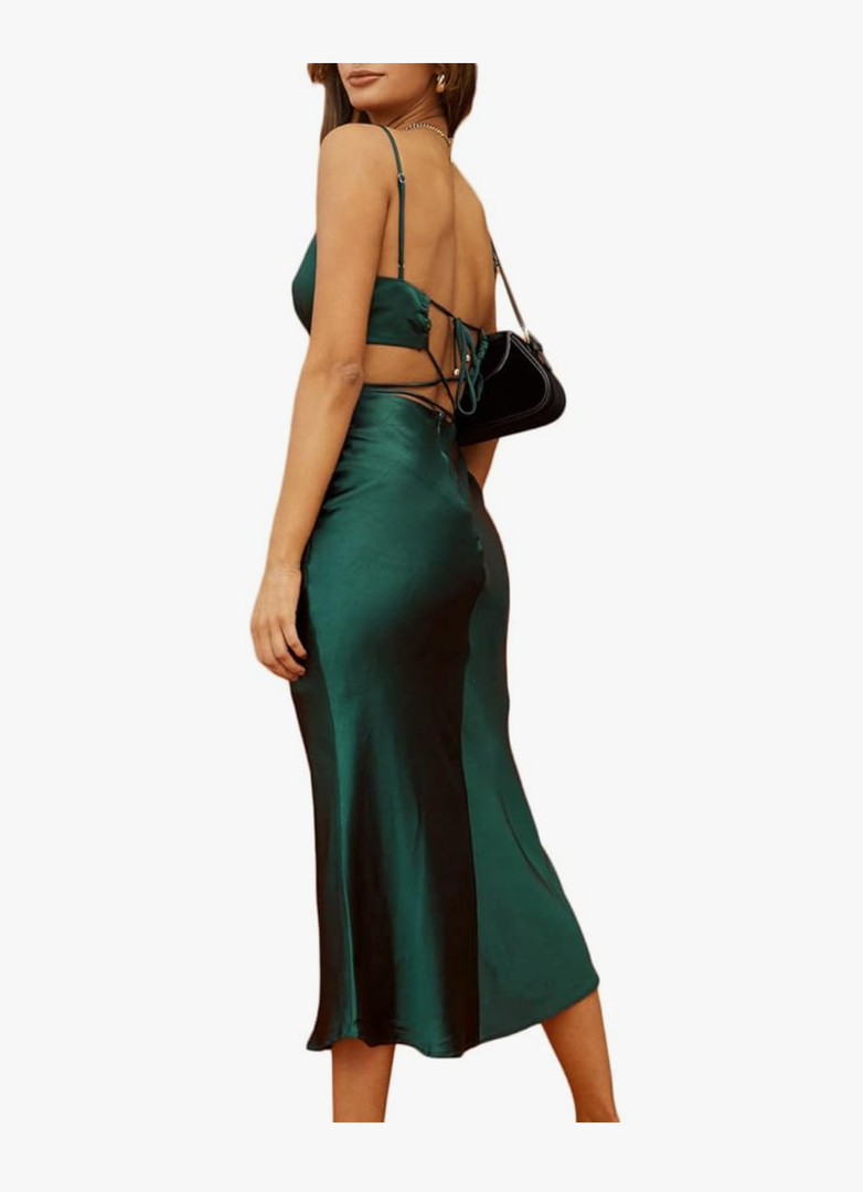 Women's Fall Satin Backless Maxi Dress Silk Cut Out V Neck Slip Tie Back Formal Cocktail Midi Dresses for Wedding Guest M