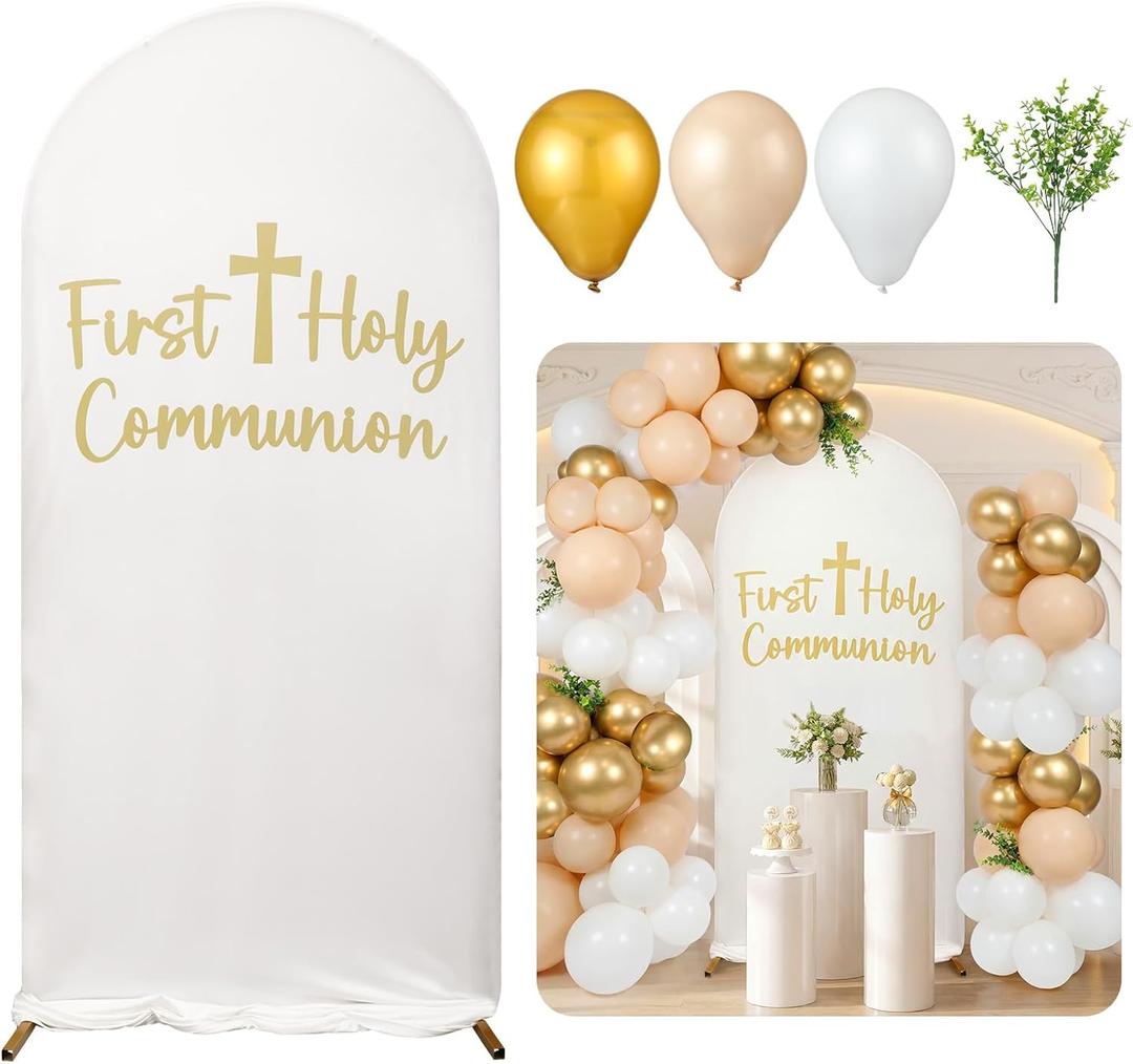 Gilprop 125 Pcs 7.2ft First Holy Communion Baptism Elastic Polyester Arch Cover Christening Baby Shower Balloon Garland Arch Kit Balloon Baptism Party for Celebration Photography Backdrop (Classic)