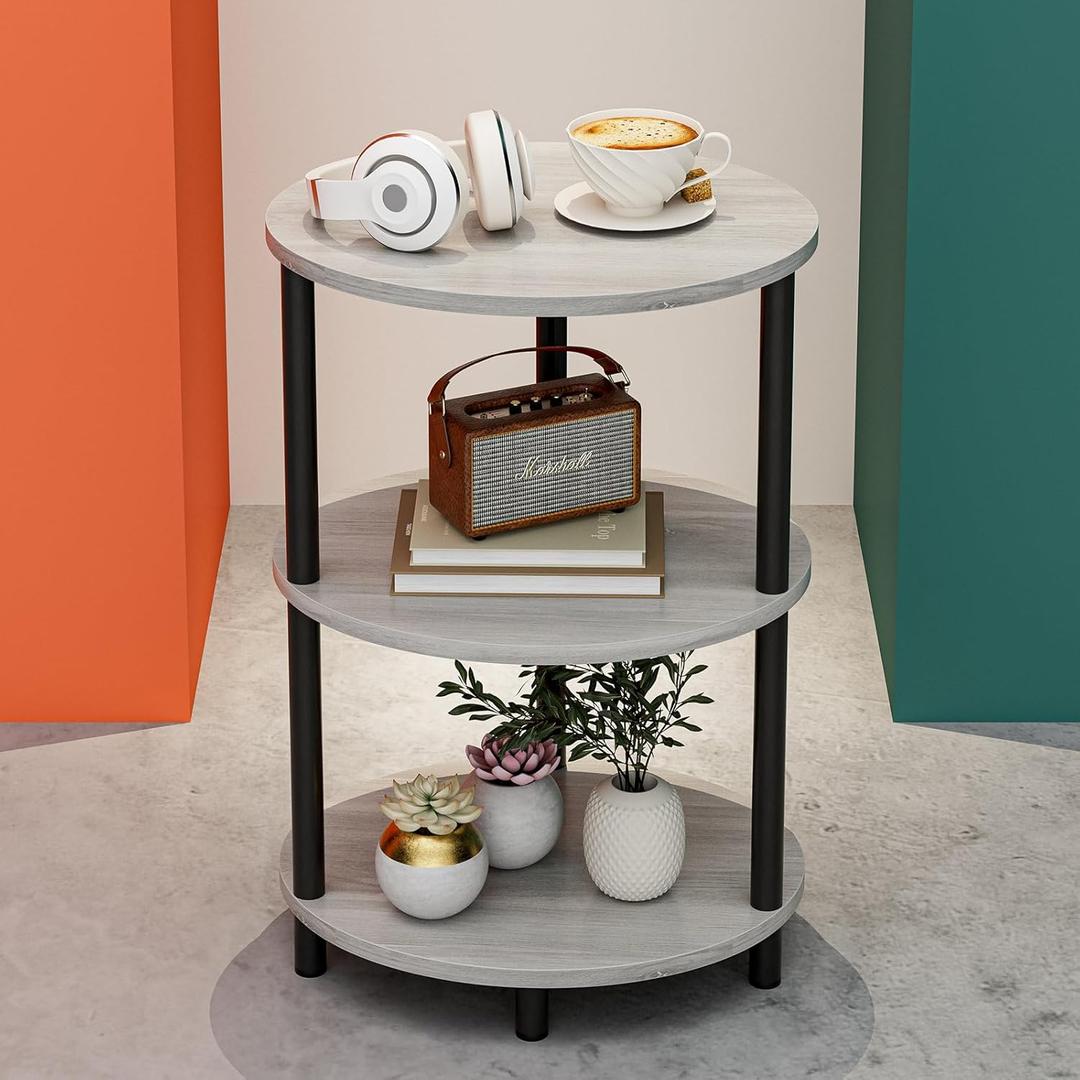 Small Round Side Table - 3-Tier Oval Accent Table for Small Spaces, Rustic Wood and Metal Couch End Table, Nightstand for Bedroom or End Table Living Room, Easy to Assemble, Greige (1-Pack)