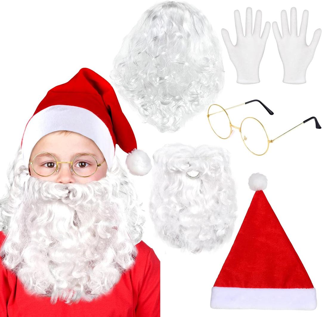 Eurzom 5 Pcs Christmas Santa Costume Set White Santa Claus Wig and Beard Christmas Hat Glasses and Gloves for Christmas Cosplay Party Photo Prop