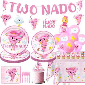 132PCS Pink Tornado Party Supplies Birthday Decorations for Girls Tornado 2nd Disposable Plates Napkins Set, Banner, Hanging Swirls, Tablecloth, Cake Topper, Balloon,Tornado 2nd 2 Year Old Baby Shower