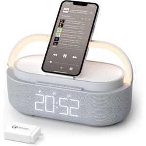 COLSUR Bluetooth Speaker Alarm Clock with Wireless Charger, FM Radio, Adjustable LED Night Light, 6 in 1 Bedroom Portable Speaker 2500mAh, Phone Stand for Bedside, Home, Office, Gift (Gray)