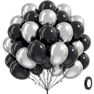 Black and Silver Balloons, 60pcs 12inch Black Metallic Silver Balloons for Graduation 2025 Birthday Party Decorations