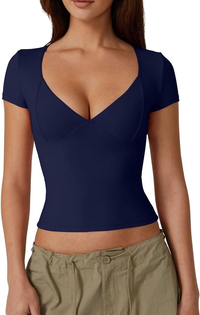QINSEN Women's V Neck Short Sleeve T Shirts Double Lined Tee Seamed Cup Going Out Tops (Large, Estate Blue)