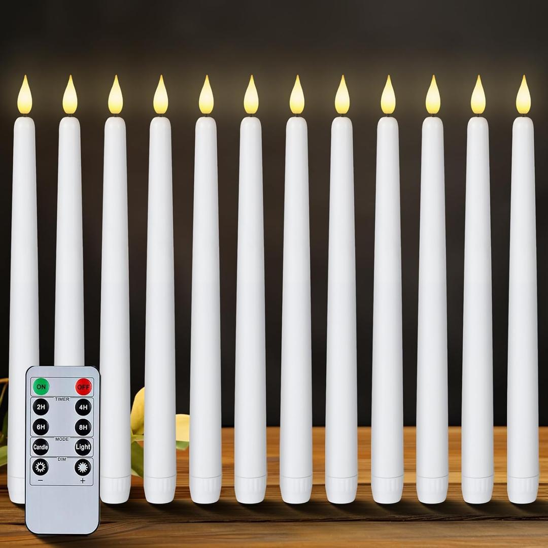 Homemory 12 Pcs Flameless Taper Candles with Remote Timer Dimmer, 11 inches White LED Taper Candles, Plastic Battery Operated Candlesticks with Flickering Flame for Halloween Christmas Wedding Party