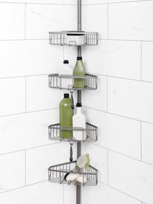 Newstyle Home Satin Nickel Metal Tension Pole Shower Caddy with 4 Basket Shelves