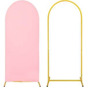 Metal Arch Stand and Cover Set,1 Pink Spandex Fitted Backdrop with 1 Gold Wedding Arched Stand Frame for Parties Birthday Baby Shower Bridal Banquet Decoration (4FT) 