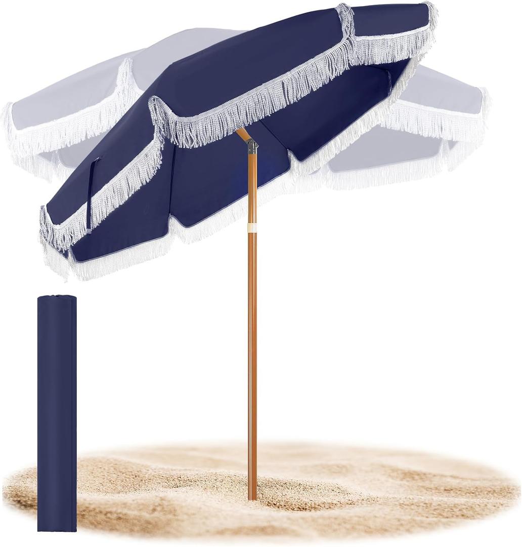Talltalk 6 Ft Outdoor Beach Patio Umbrella with Fringe, Steel Pole, Steel Ribs and Carry Bag Elegant Table UPF 50+ UV Boho Umbrella for Outdoor Patio Picnic Beach Backyard (Navy Blue Steering)
