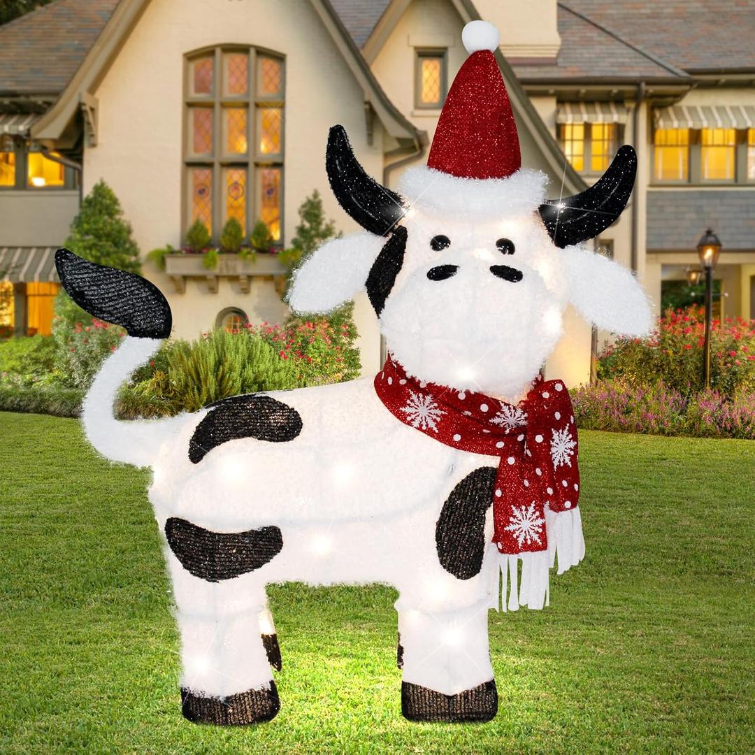 Christmas Lighted Outdoor Decorations:32" Cow,3D Lighted-up Christmas Cow Indoor Outdoor Display with LED Lights,Pre-lit Holiday Farm/Pasture/Home Yard Lawn Patio Garden Decoration