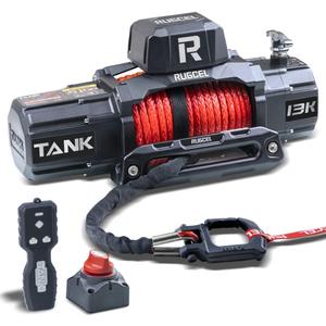 RUGCEL WINCH 13500lb New Waterproof Electric Synthetic Rope Winch 12V with Hawse Fairlead,2 in 1 Infrared Remote Control,Wired Control,Red Rope,for Truck SUV
