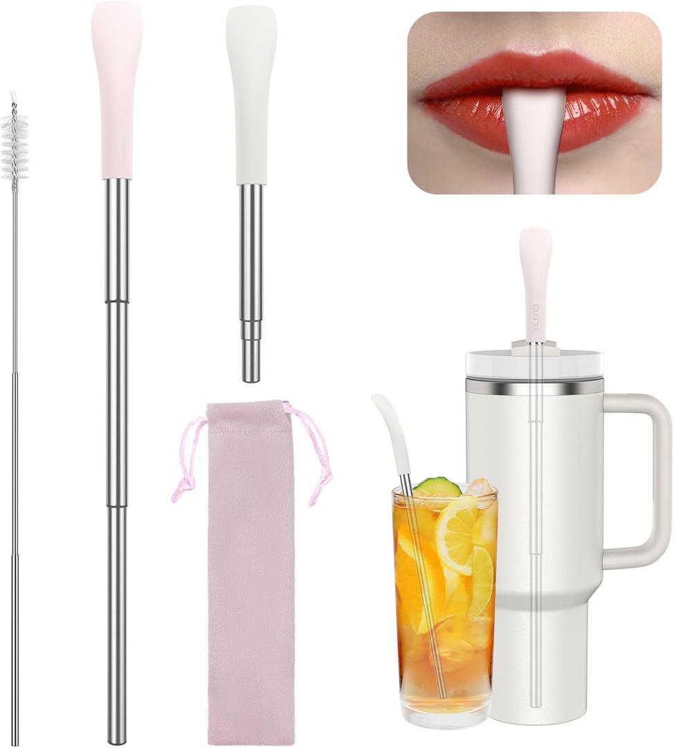 OUTXE Anti Wrinkle Collapsible Straws for Stanley, Flat Wide Portable Telescopic Travel Drinking Straw, Reusable Wrinkles Free Stainless Steel Straw for Lip Filler with Clean Brush& Carry Bag -2 Pcs (11 inch(fit stanley 40 30 oz))