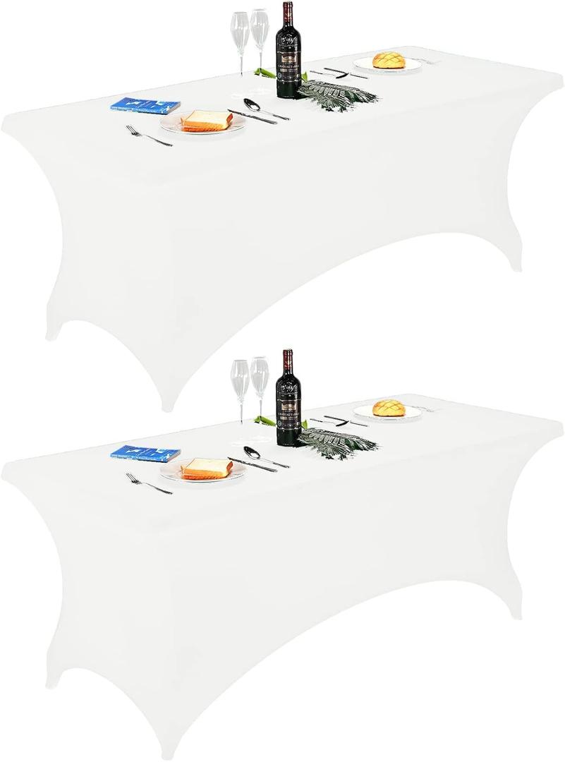 FORLIFE 2Pack Spandex Table Covers 6ftFitted Tablecloth for 6ft Rectangular Tables, Stretch Patio Table Covers, Universal Spandex Table Cover for Wedding, Banquet, Party (6ft, White) (6FT 2PACK, White)