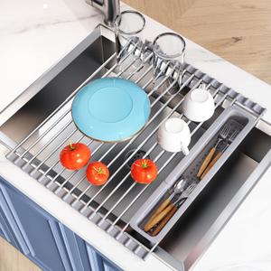 JASIWAY Over The Sink Dish Drying Rack for Kitchen, Expandable (12.8"-23.8" D x 15.5" W) Roll Up Dish Drainer with The Function of Fordable, Rust Proof, Large Sink Cover with Removable Utensil Holder (Gray)