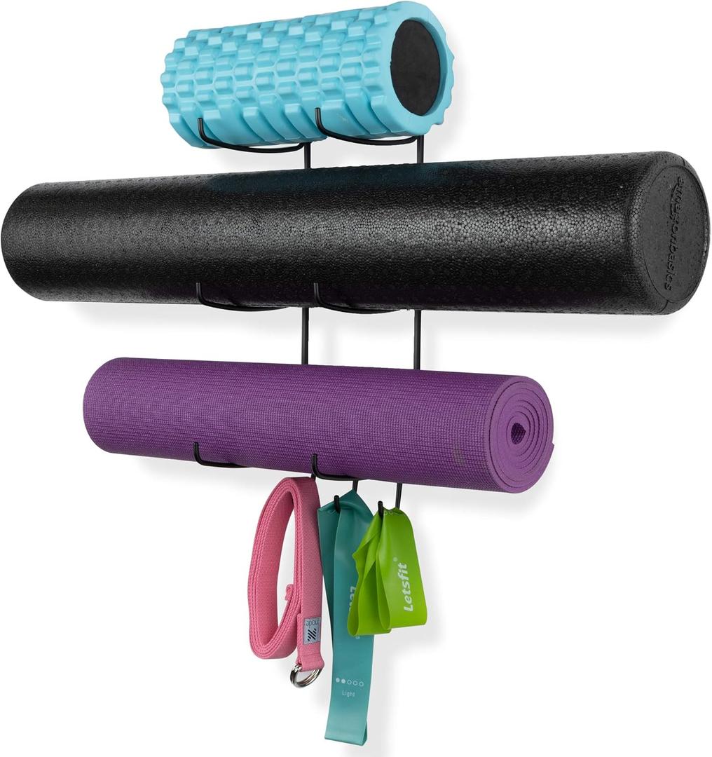 Wallniture Guru Wall Mount Yoga Mat Home Gym Equipment Resistance Bands and Foam Roller Holder with 3 Hooks 3 Sectional Metal Black