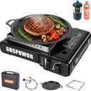 Propane or Butane Stove with Windblocker, Dual Fuel 10,000 BTU Propane Stove for Camping, Automatic Ignition,Gas Portable Stove with Adapter Hose Carrying Case & Griddle for Hiking (Fuel Not Included)