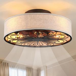 Caged Ceiling Fans with Lights Flush Mount,Low Profile Ceiling Fan with Remote,20 Inch Farmhouse White Ceiling Fan for Bedroom,6 Speeds Reversible Silent Fandalier(Include 4 Bulb)