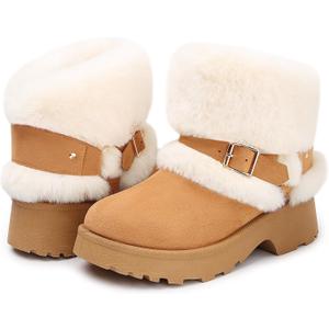 Furry Winter Boots for Women, Block Heels Snow Boot Platform Flurry Fuzzy Winter Booties Buckle Slip-On Comfort Outdoor Walking Shoes (5, Chestnut)