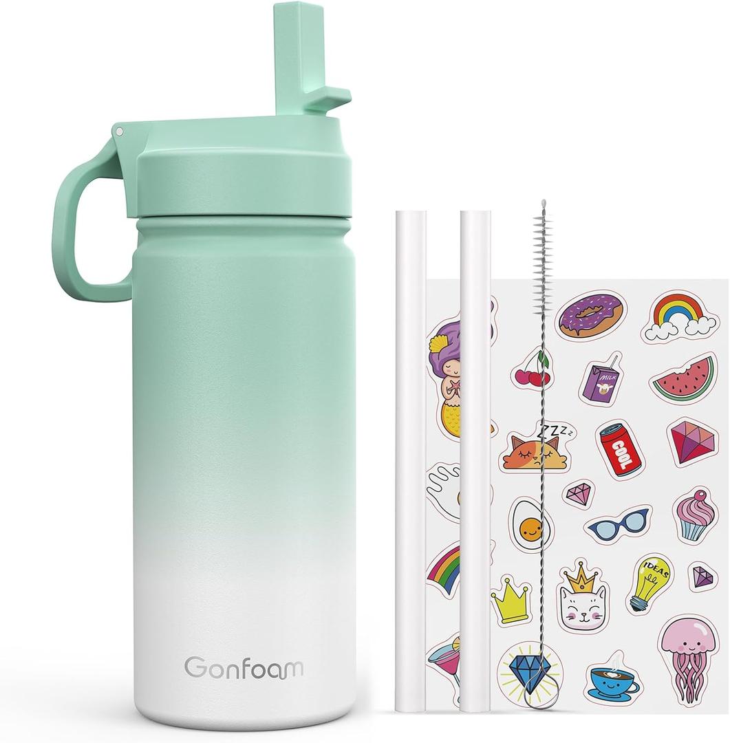 Kids Water Bottle, 16oz Kids Water Bottle with Stickers for School, insulated Stainless Steel Straw Cup(Green/White)