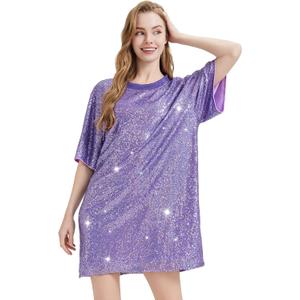 Sequin T-Shirt Dress Plus Size Sparkly Short Sleeve Party Club Dress Women Sexy Casual Shinny Backless Shirt Dresses (Small, Purple)