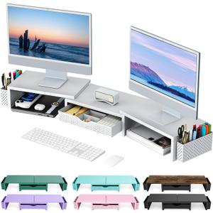 gianotter Dual Monitor Stand Riser, Desk Organizer With Drawer and 2 Pen Holders, Monitor Stand for Desk, Office Decor Essentials (White)
