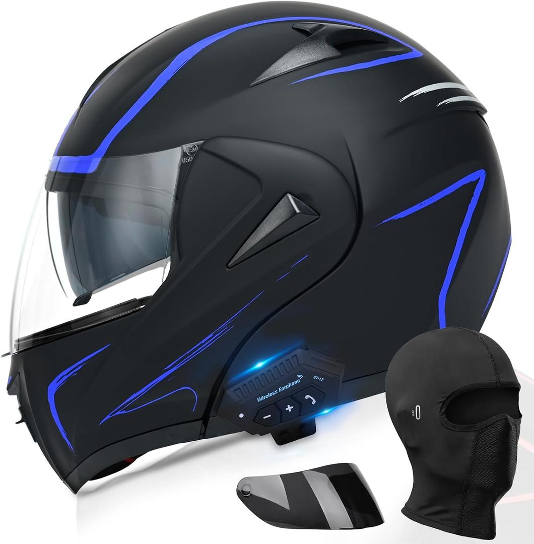 Motorcycle Bluetooth Modular Helmet, DOT Approved Dual Visor Full Face Flip Up Bluetooth Integrated Motorcycle Helmet for Adults Men and Women S