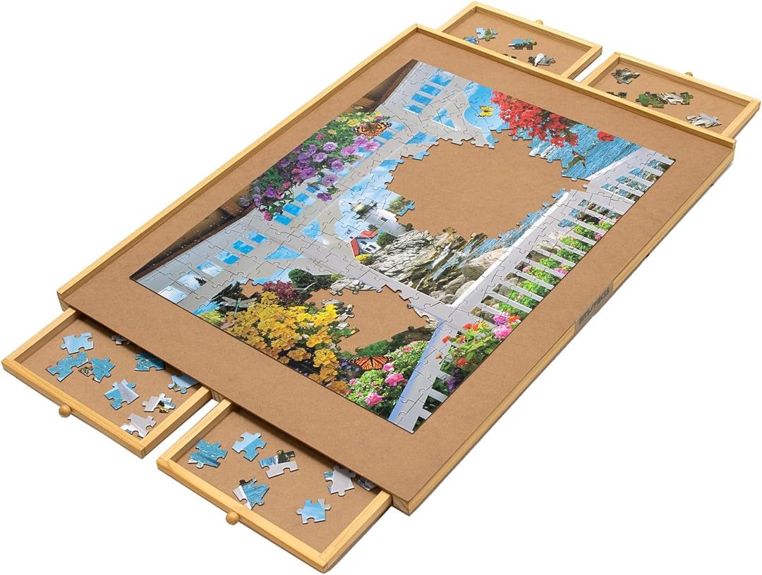 Bits and Pieces Puzzle Board with Drawers  1500 Piece Jigsaw Puzzle Table Organizer  Premium Wooden Puzzle Board for Adults, 26"x35" Smooth Non-Slip Surface, Portable Puzzle Table with Sorting Trays (1500 pc Plateau)