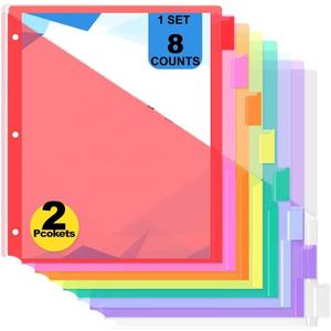 3 x 8-Count Binder Dividers with Two Pockets, 8 Tabs, 3-Hole Punched, Multicolor Plastic Index Dividers Durable, Tear-Resistant, Insertable Labels Fits Standard 3-Ring Binders (Red,1set)
