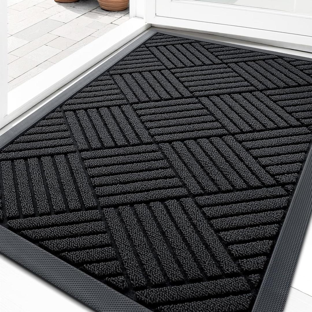 OLANLY Front Door Mat Outside Entrance 33x21, Absorbent, Heavy Duty Sturdy Natural Rubber Doormat Indoor Outdoor, Stain and Fade Resistant, Non-Slip Low Profile Floor Mat for Entryway, Black Diamond