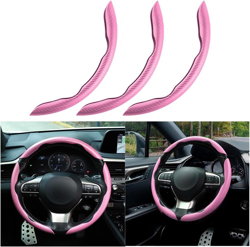 Mandark 3PCS Carbon Fiber Car Steering Wheel Cover, Anti-Skid Leather Vehicle Segmented Steer Wheel Protector, Auto Interior Protection Guard Accessories, Universal for Most Cars (Pink)
