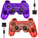 Doueuain Wired Controller for PS2, 2 Pack Gamepad Remote Double Shock Compatible with Plays tation 2, with 1.8M CableClear Red and Clear Purple