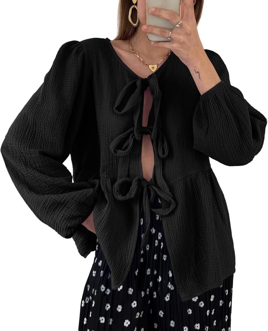 Tankaneo Womens Bow Tie Front Tops Babydoll Puff Long Sleeve Blouse Y2k Cotton Shirt (X-Large, Black)