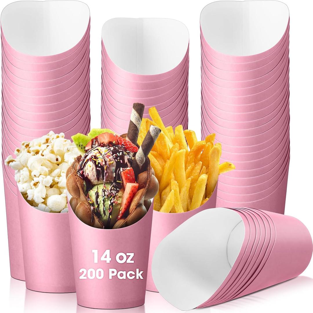 Amyhill 200 Pcs French Fries Holder 14 oz Charcuterie Cups Disposable Take out French Cups Waffle Paper Popcorn Boxes Disposable Sandwich Paper Holder for Wedding Birthday(Pink)