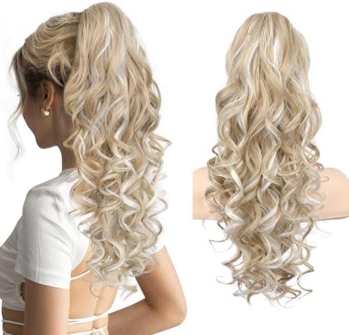 REECHO Ponytail Extension, 20” Claw Clip Ponytail Extension Curly Clip in Ponytail Long Pony Tails Hair Extensions for Women Fluffy Natural Looking Synthetic Hairpiece, Medium Blonde with Highlights