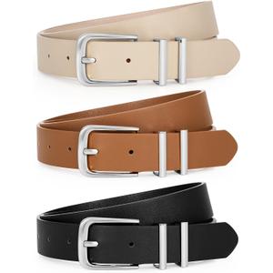 LEACOOLKEY 3 Pack Women's Leather Belts for Jeans Dress Pants Fashion Ladies Leather Belts with Gold Buckle (B-black+brown+beige)