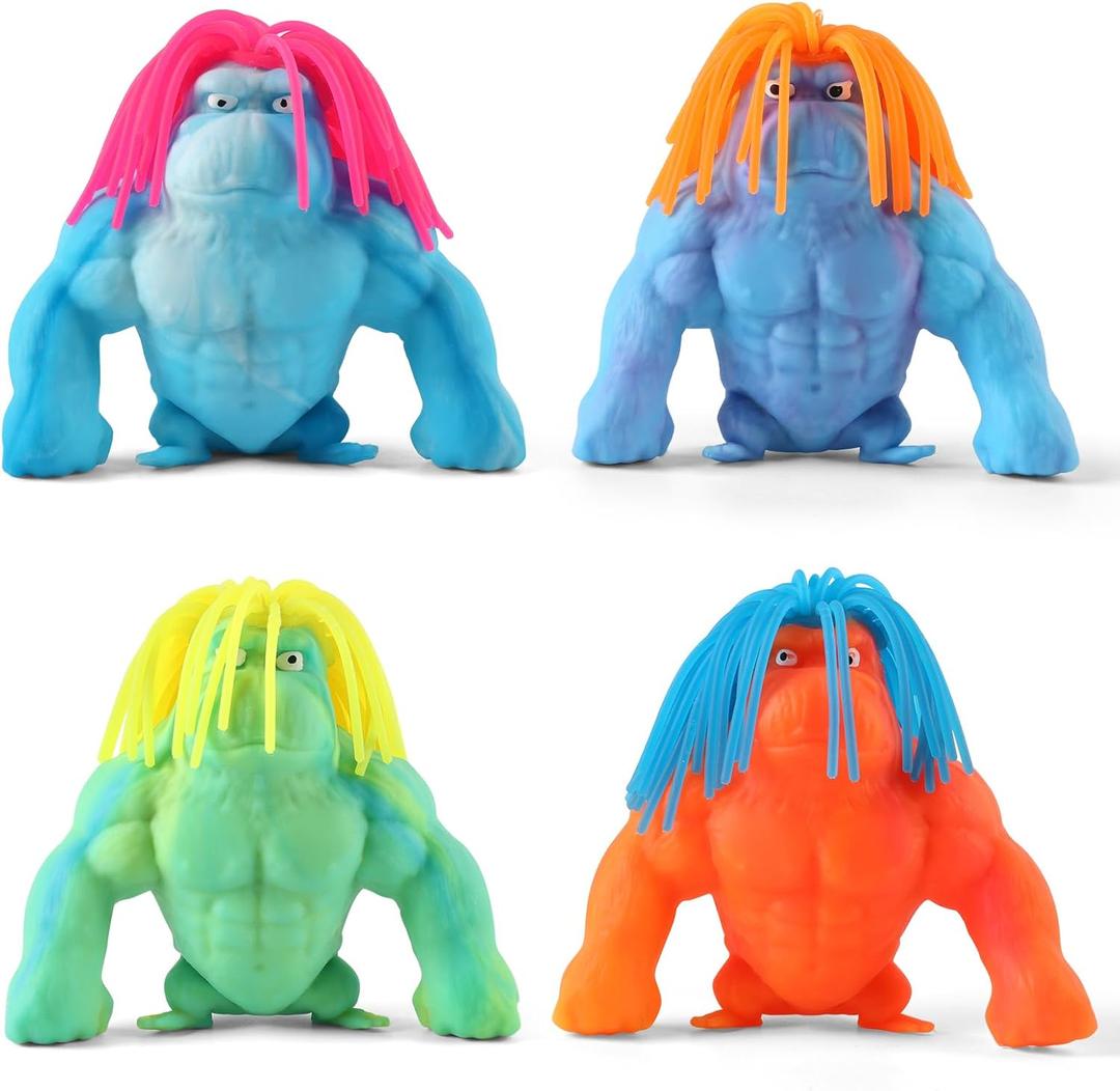 Weird Hair Gorilla Stretchy Toys  4PCS Funny Squishy Gorilla Set for Kids & Adults, Stress Relief Stretchy with Silky Hair, Bright Colors & Soft Quartz Sand, Fidget Monkey Toy Gift for Boys Girls