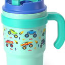 Fimibuke 16oz Kids Insulated Tumbler with Handle & Straws BPA FREE 18/8 Stainless Steel Toddler Cup with Sip/Swig 2-in-1 Lids, Leak Proof Kid Drinking Cup Travel Mug for Children Boys Girls (Monster Car)