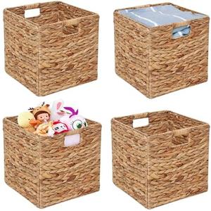 Storage Baskets 11x11inch Cube Baskets 4 pcs Baskets,Foldable Handwoven Water Hyacinth Laundry Organizer,Cube Storage Baskets