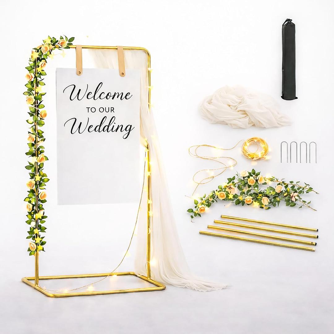 Gold Wedding Welcome Sign Stand Set Elegant Adjustable 6.56ft Wedding Welcome Dcor Stand for Ceremony, Reception & Photo Welcome Signs (Gold)