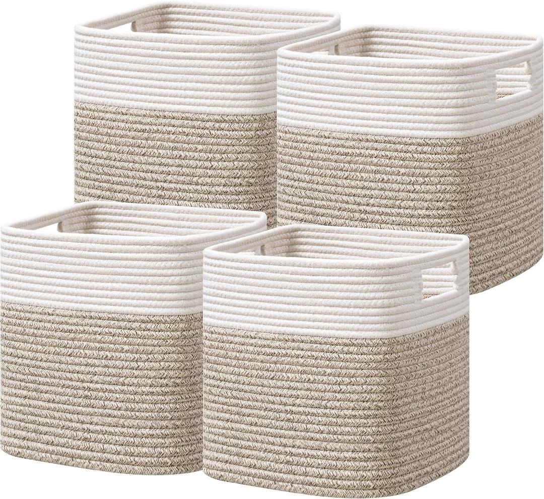 Dreamcountry 11 Inch Cube Storage Bins, Storage Cubes with Handles, 4 Pack Cotton Rope Basket for Shelves, Cube Storage Organizer forToys, Book, Clothes, Home, Office, Nursery, White/Brown