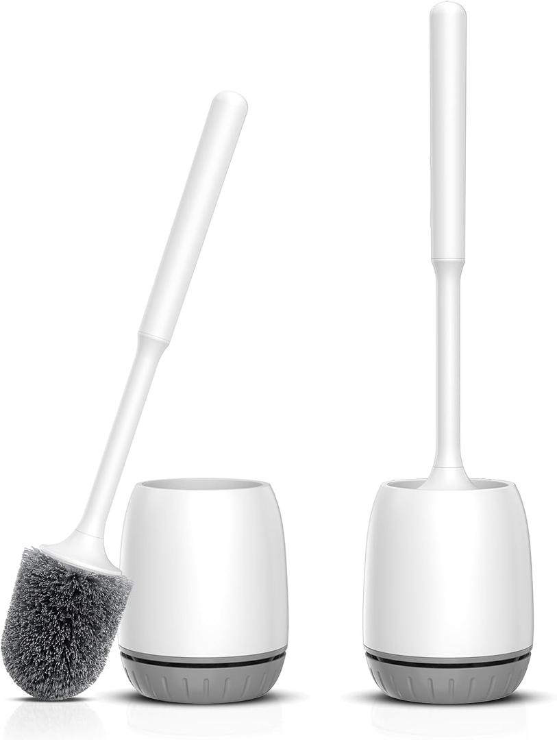 Toilet Brush, 2 Pack Toilet Bowl Brush and Holder Set Ergonomic Long Handle Toilet Scrubber with Ventilated Base for Quick Drying, for Bathroom Cleaning, White & Gray