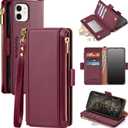 Antsturdy Compatible with iPhone 12 Wallet Case,RFID Blocking PU Leather Phone Case Women Men Kickstand Flip Cover Wrist Strap Zipper Credit Card Holder Slots,for Apple 12 Pro 6.1", Burgundy