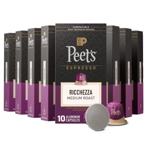 Peet's Coffee, Medium Roast Espresso Capsules, Compatible with Nespresso Original Machine, 100% Arabica Coffee - Ricchezza Intensity 8, 100 Count (10 Boxes of 10 Espresso Capsules) (EXP 06/30/27)