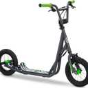 Mongoose Expo Kick Scooter, BMX-Style Handlebar & Brake Cable Rotor, Wide Foot Deck for Kids Youth Boys Girls Ages 6 and Up, Rear Axle Pegs, 12-Inch Air Tires, and Max. Weight of 175 lbs. (Green/Grey)