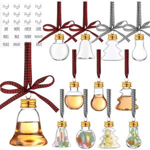 Kajaia 12 Pcs Christmas Booze Balls Xmas Fillable Tree Ornaments with Buffalo Plaid Ribbon Stickers Clear Plastic Ornaments Pendant for Holiday Party(Assort Style,50ml)