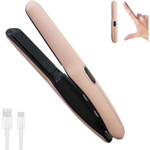 Cordless Hair Straightener and Curler 2 in 1 Portable Flat Iron Wireless Hair Straightener for Travel, USB-C Rechargeable 4800 mAh Battery Fast Heating Pink