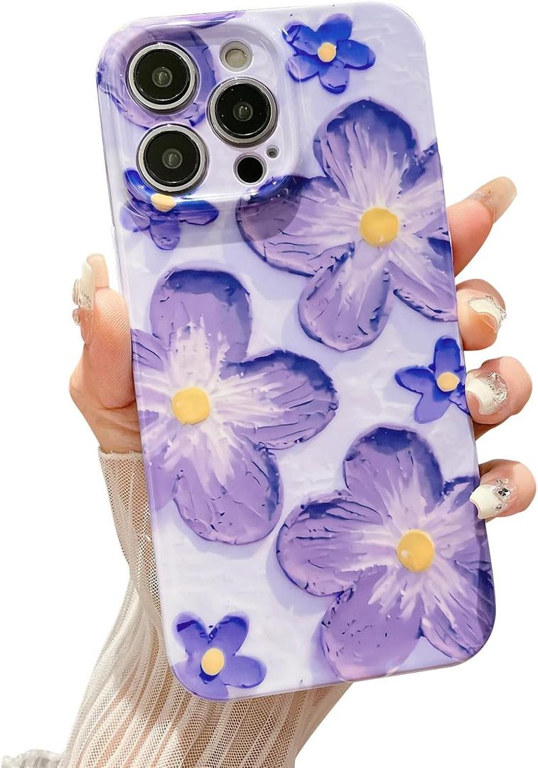 Compatible with iPhone 14 Pro Max Cute Glossy IMD Flower Floral Pattern Case, Soft TPU Shockproof Protective Phone Case for iPhone 14 Pro Max Women Girls 6.7 Inch Purple