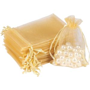 HRX Package 100pcs Gold Organza Gift Bags, 4 x 6 inch Candy Mesh Drawstring Favor Bags Jewelry Pouches for Christmas Wedding Party